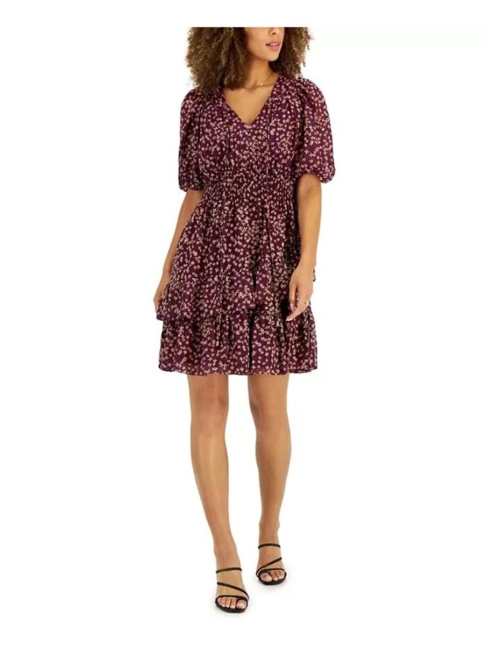 Taylor Womens Petites Ditsy Print Smocked Fit & Flare Dress Purple Size 10P NWT